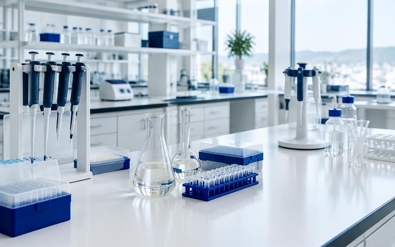 Bright, modern laboratory bench with pipettes and glassware