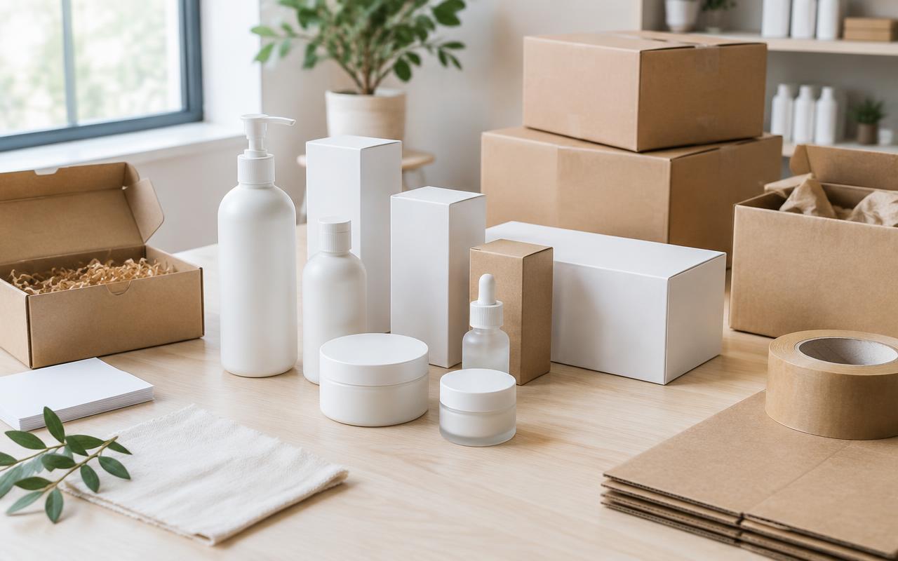 Unbranded product packaging and shipping boxes prepared for a launch