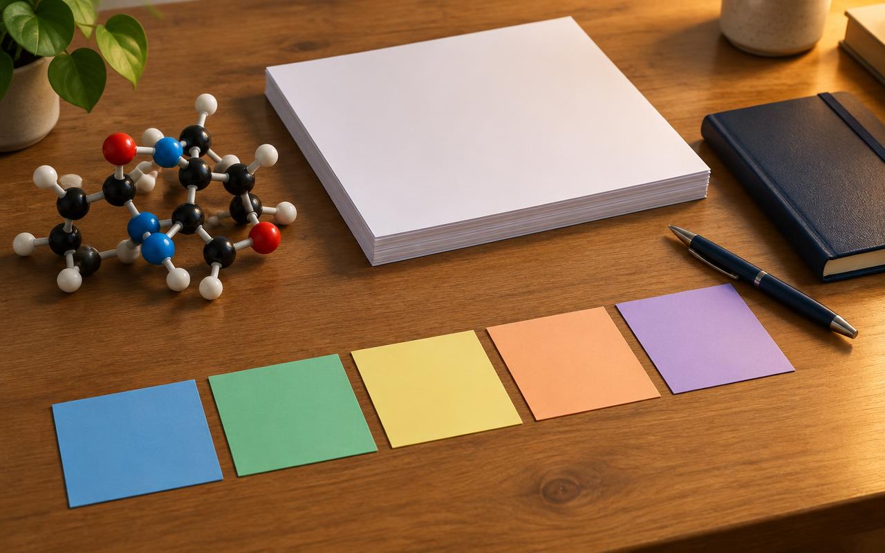 Research planning desk with a molecular model and a row of index cards