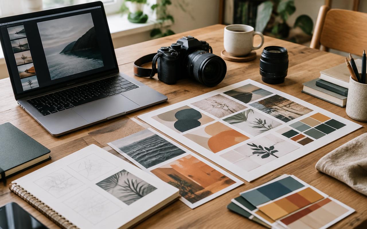 Creative production workspace with a laptop, camera, and mood board